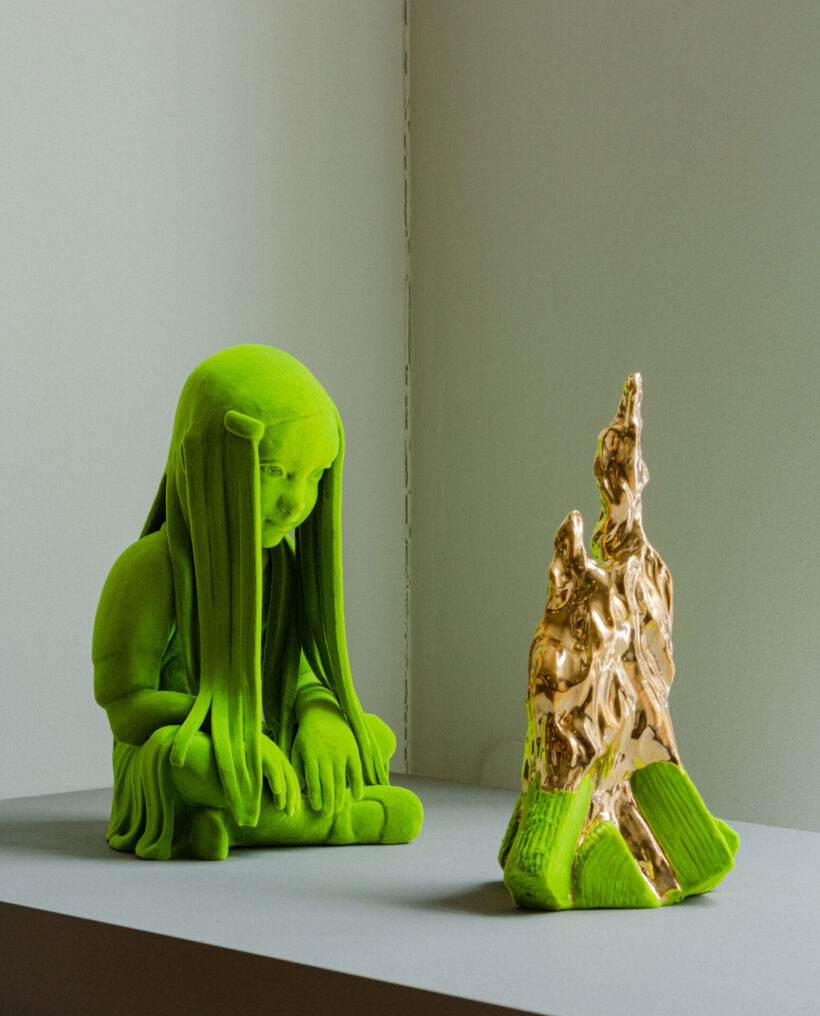 Kim Simonsson, sculpture, edition, moss people, bonfire, girl, gold