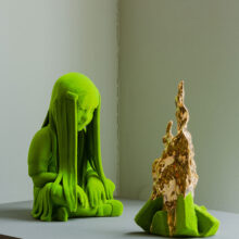 Kim Simonsson, sculpture, edition, moss people, bonfire, girl, gold