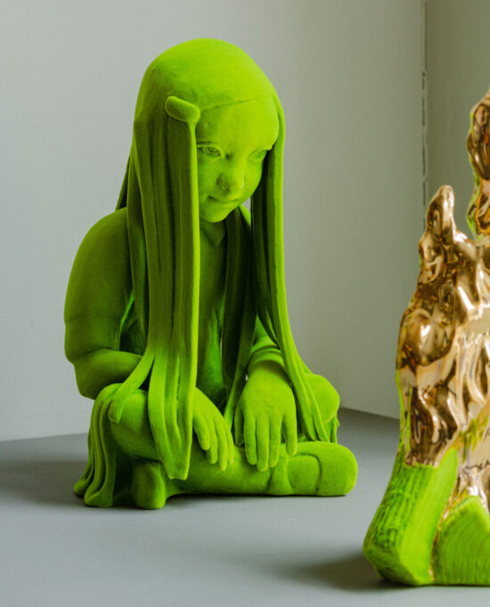 Kim Simonsson, sculpture, edition, moss people, bonfire, girl, gold