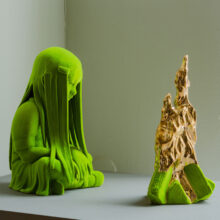 Kim Simonsson, sculpture, edition, moss people, bonfire, girl, gold