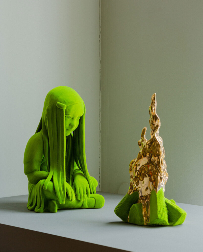 Kim Simonsson, sculpture, edition, moss people, bonfire, girl, gold